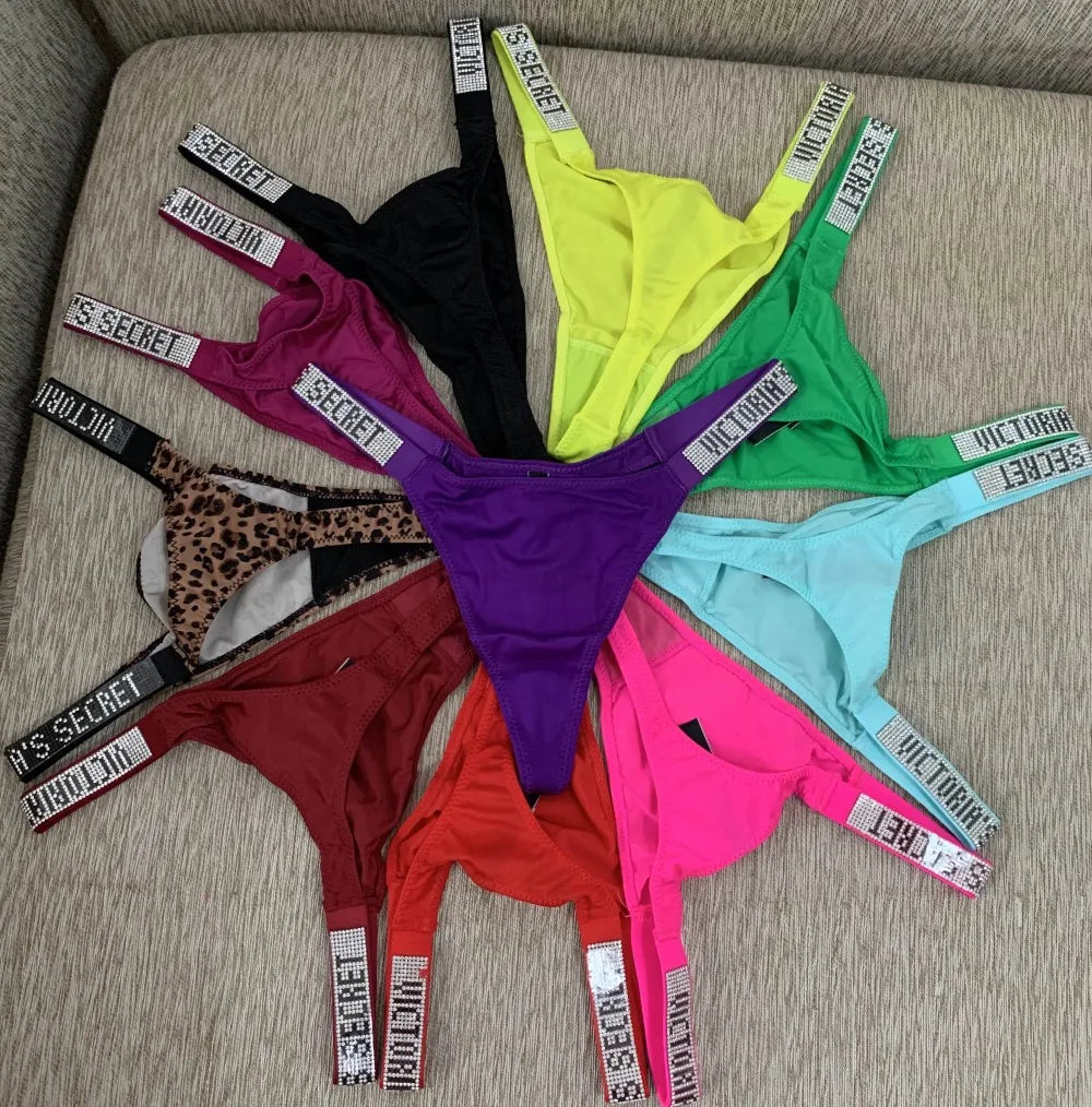 Fashion large size printed women's underwear comfortable rhinestone sexy underwear pink brand thong seamless t-pants metal chain