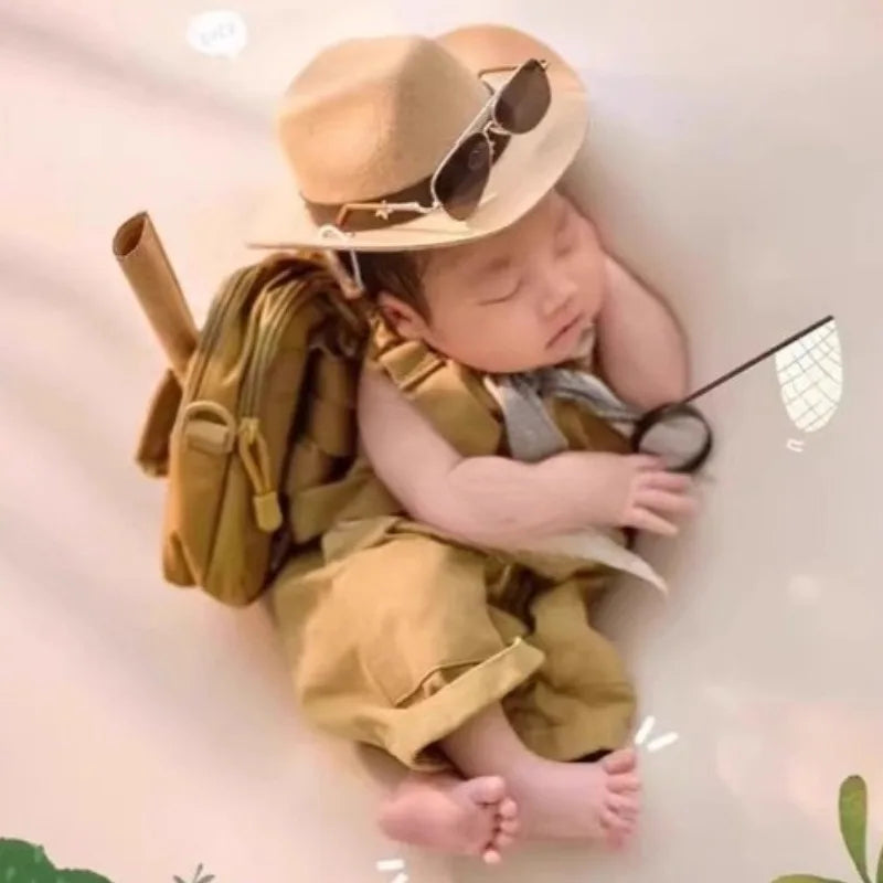 3pcs/set Adorable Baby Suit, Newborn Photography Outfits Retro Overalls Tool Kit + Hat, Western Cowboy Style Shooting Props