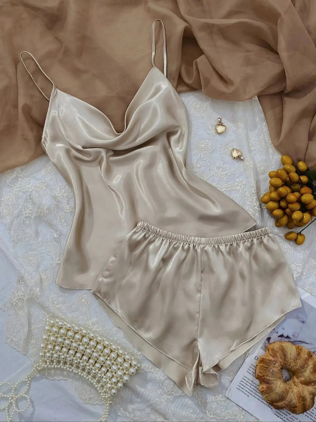 Solid Satin Pajama Set  V Neck Cami Top   Elastic Waistband Shorts Women's Sleepwear  Loungewear