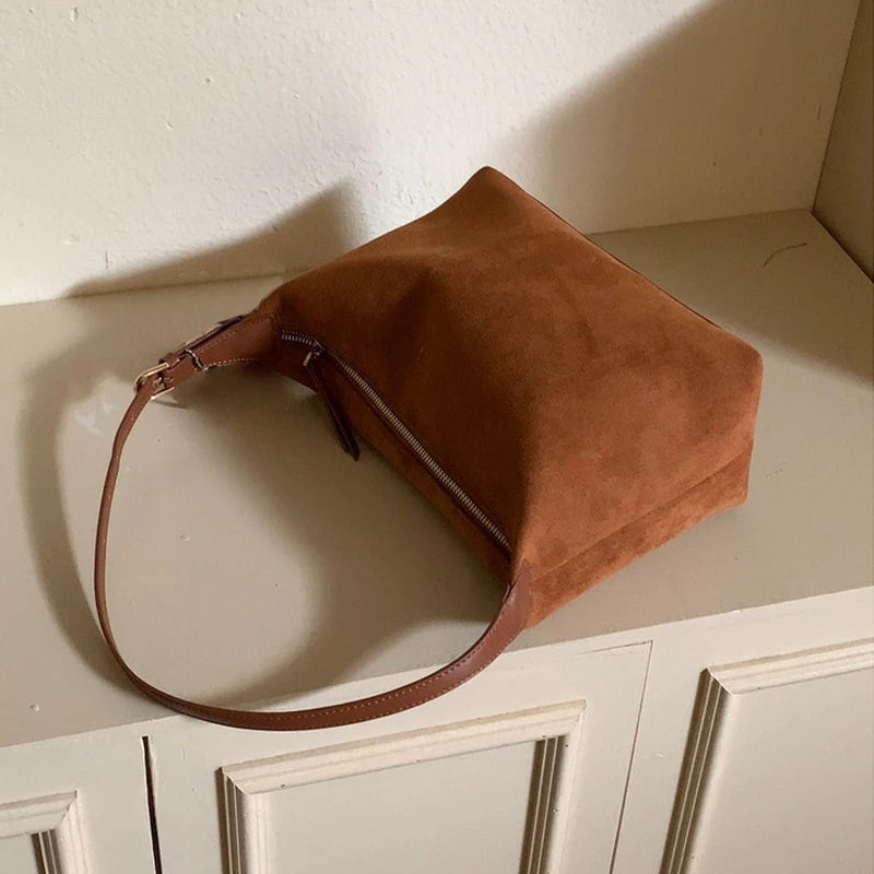 Women Handbag Vintage Tote Bag Simple Casual Commuter Bag Large Capacity Faux Suede Handbag