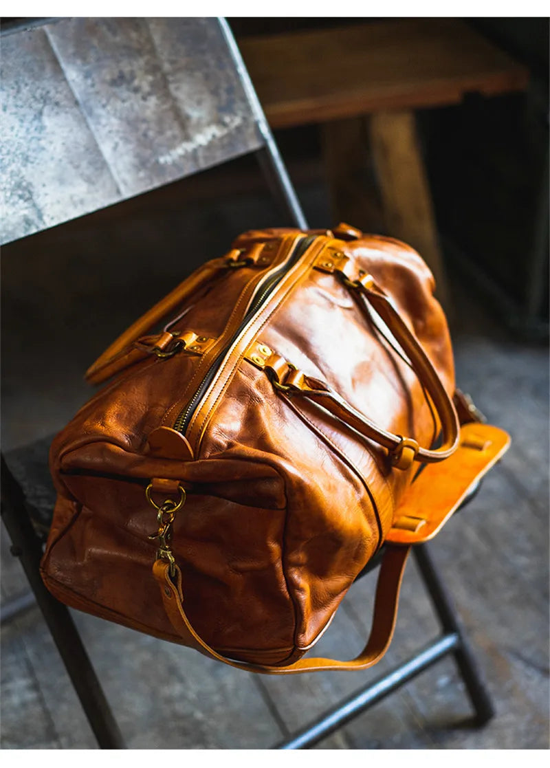 Vintage fashion luxury genuine leather men's travel bag outdoor weekend large capacity crossbody bag real cowhide women handbag