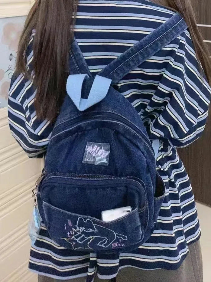 Fashion Small Denim Backpack Kawaii Cat School Bag Mini Cute Schoolbag Deep Blue Backpacks Aesthetic Japanese Preppy Book Bags