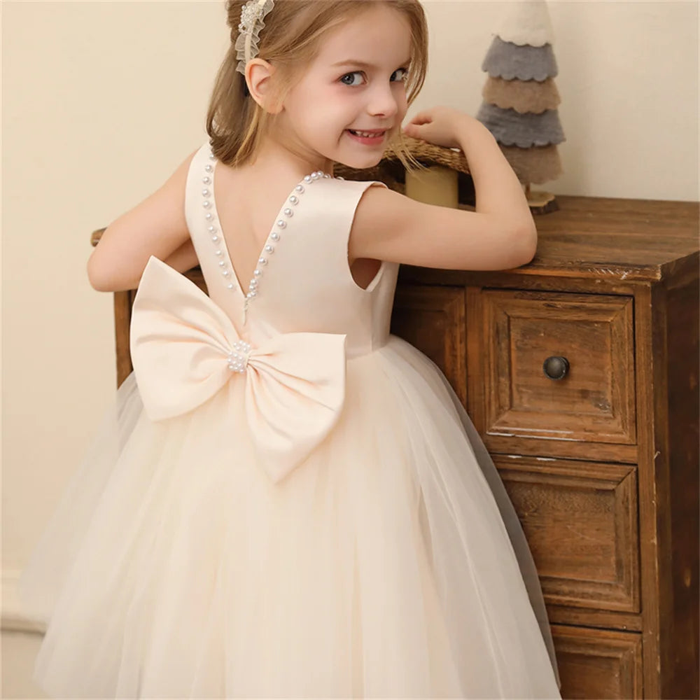 Toddler Girl Flower Birthday Tulle Pearl Dress Backless Bow Wedding Gown Baby Girl Bowknot Dresses Kid Party Wear Princess Dress