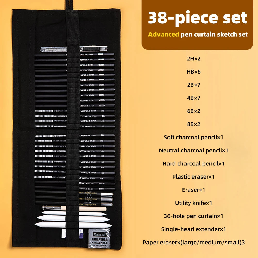 Sketching Pen Set Drawing Kit Student Portable Pen Curtain Charcoal Pencil Sketch Pencil Charcoal Stick Sharpener Eraser Set Box