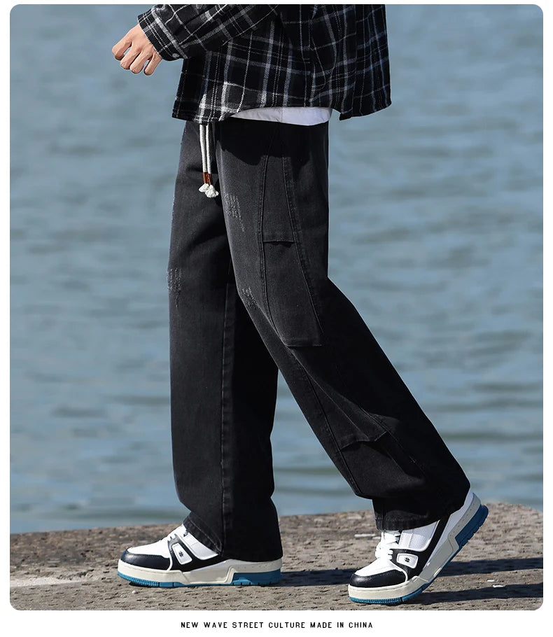 Jeans men's American high street vintage washed crease splicing men's spring and fall models loose straight pants