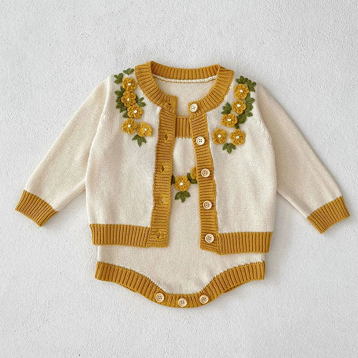Autumn Winter Newborn Baby Girls Knitting Clothing Set Floral Embroidery Cardigan+Jumpsuit Infant Baby Knitted Clothes Suit