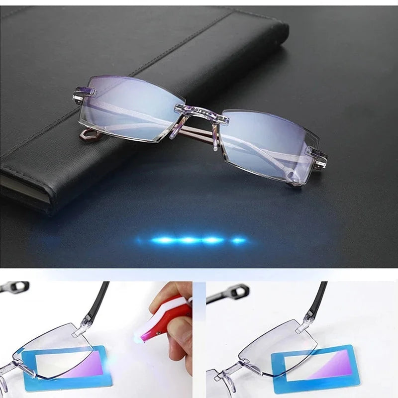 Intelligent Zoom Reading Glasses Women Men Rimless Anti Blue Light Bifocal Presbyopia Glasses for Near and Far Viewing