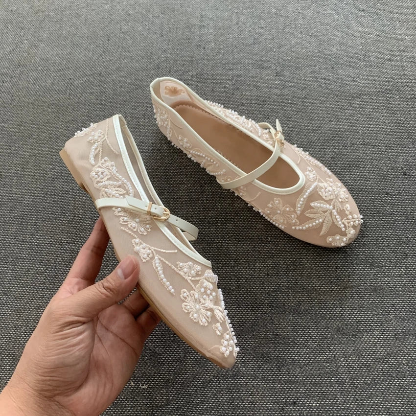 Women Design Embroidery Flowers Pearl Mesh Round Tor Buckle Strap Ballet Flats Loafers Ladies Mary Jane Shoes Woman Mules Sandal