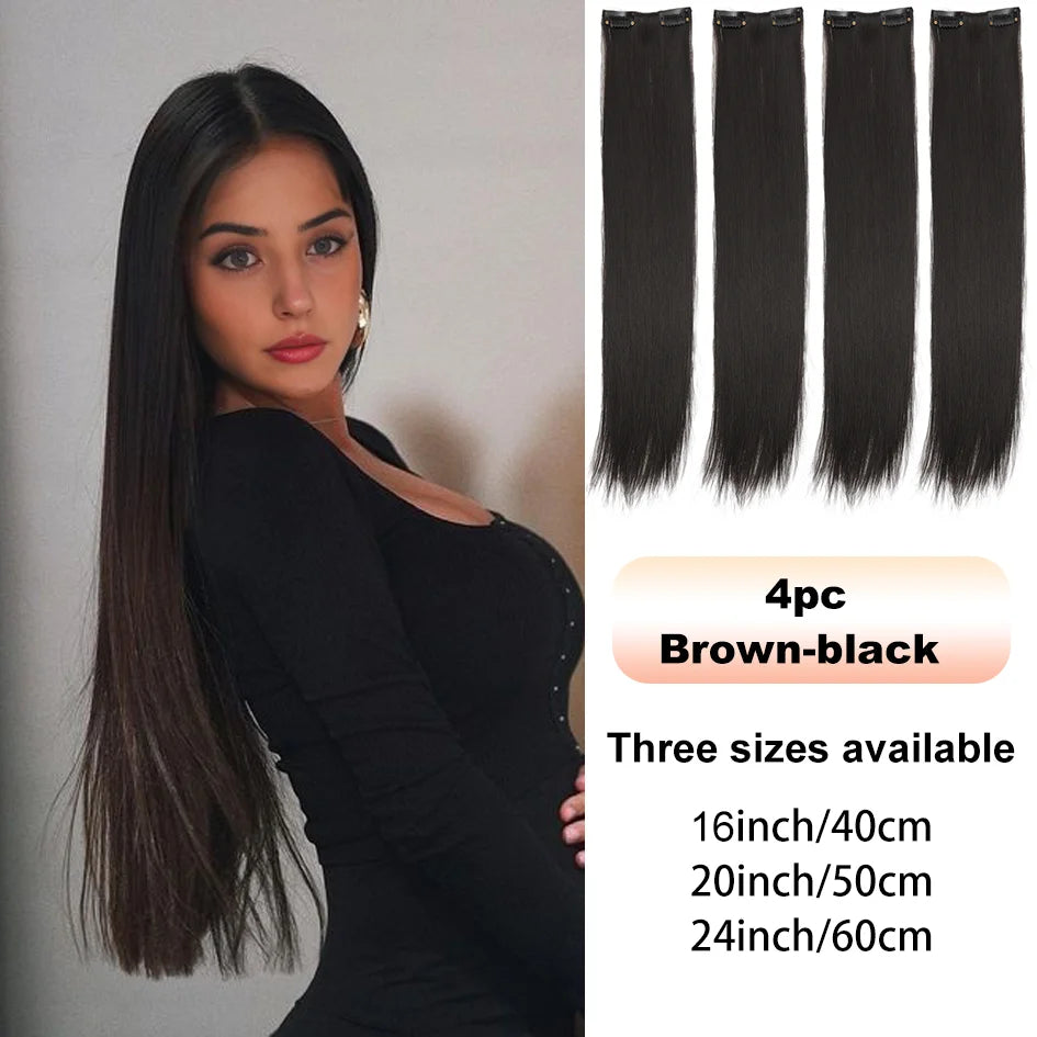 4pc synthetic women's 16inch/20inch/24inch four piece straight hair extensions, black/brown wig, suitable for daily wear