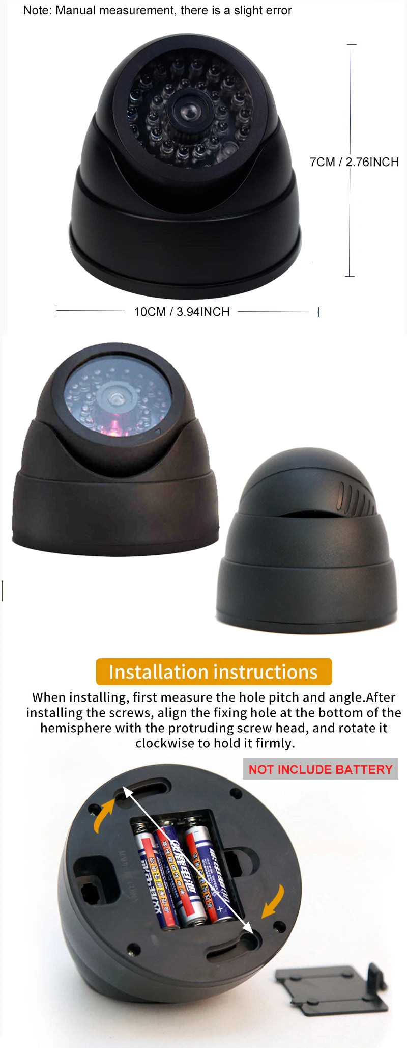 1PC Dummy Fake Camera with LED Red Light, Battery Operated, No Wiring Required, Indoor Outdoor Fake Dome Security Camera
