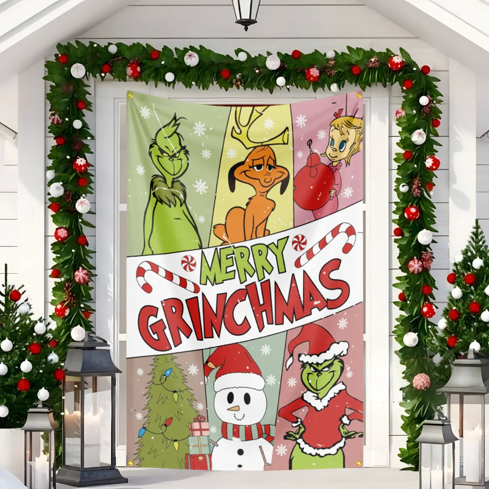 New Christmas Door hanging Green Haired Monster Christmas Flag Red Green Yard Outdoor Decoration Party Scene Decor