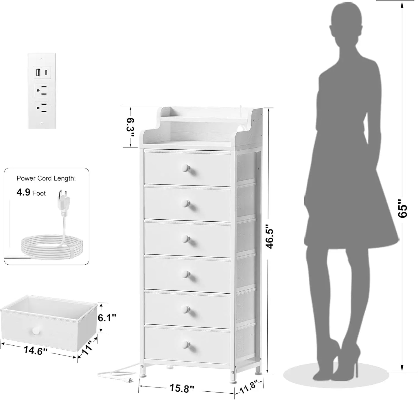 Dresser for Bedroom with Charging Station and LED Lights,6 Drawers Dresser White Chest of Drawers with Shelves, Tall Night Stand