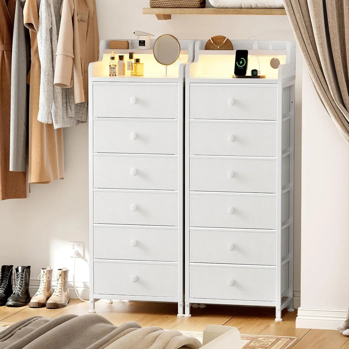 Dresser for Bedroom with Charging Station and LED Lights,6 Drawers Dresser White Chest of Drawers with Shelves, Tall Night Stand