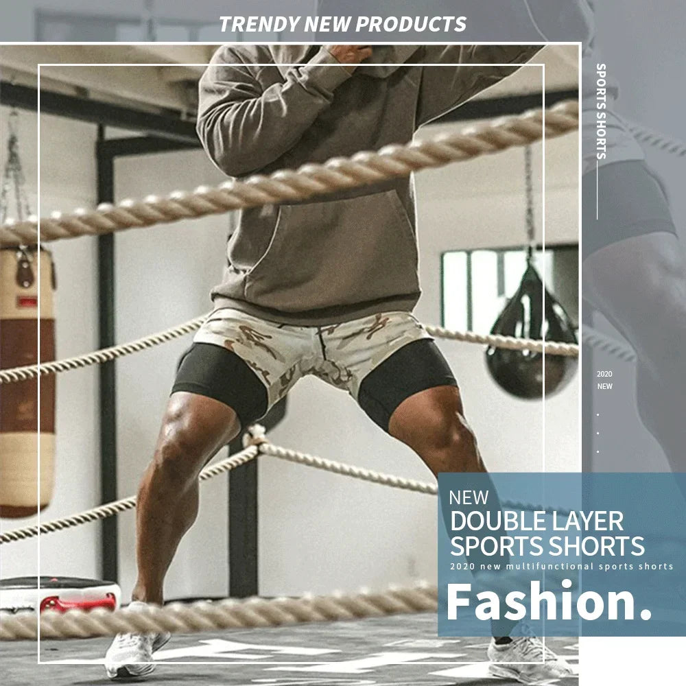 2024 Summer Men's New Fashionable Trend Leisure Gym Fitness Sports Double layer Shorts Outdoor Running Basketball Training Short