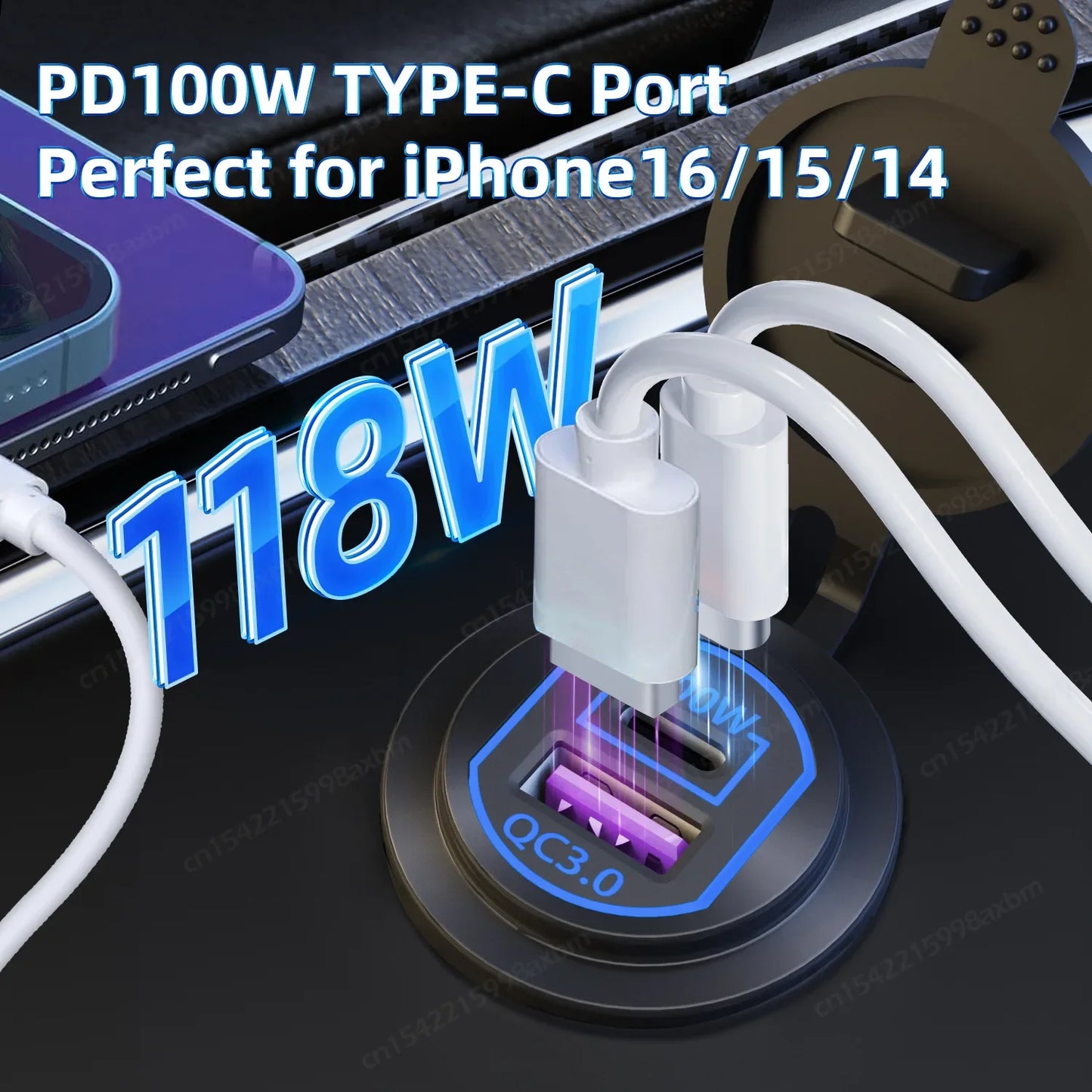 118W 12V USB Outlet Car Charger 100W PD3.0 & 18W QC3.0 Car USB Fast Charging Ports Aluminum Socket for Car RV Marine Golf Cart