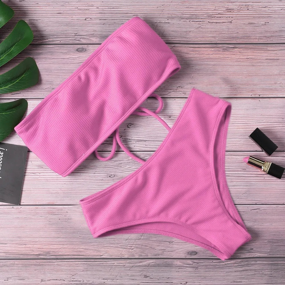 Solid Color Strapless Bikini Set Backless Sexy Swimsuit High Waist Adjustable Women Swimwear Summer