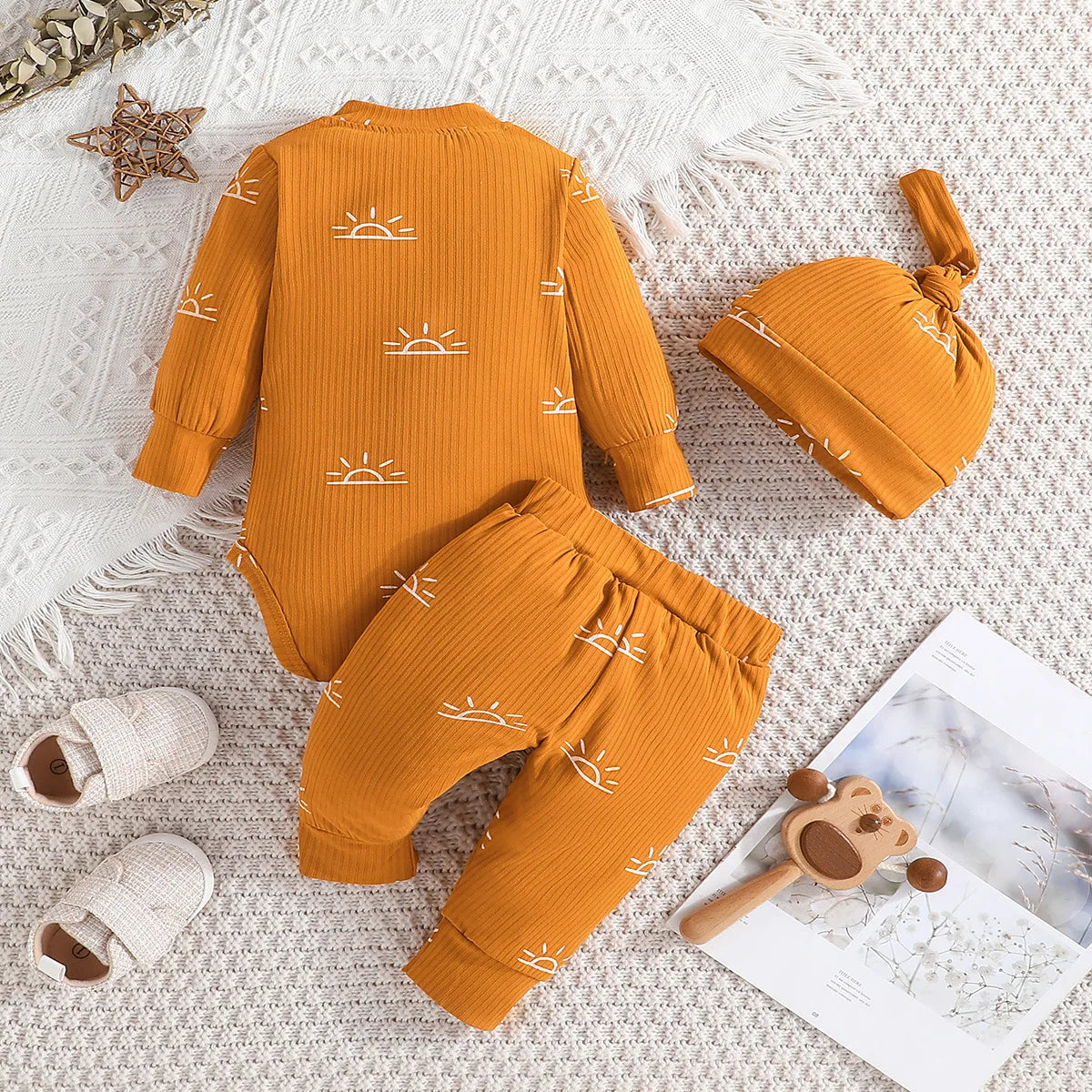 3PCS Baby Boys Clothes Set Spring Autumn Knitted V-neck Romper+infant Pants+hat Newborn Outfits , Newborn Clothing 0-18M