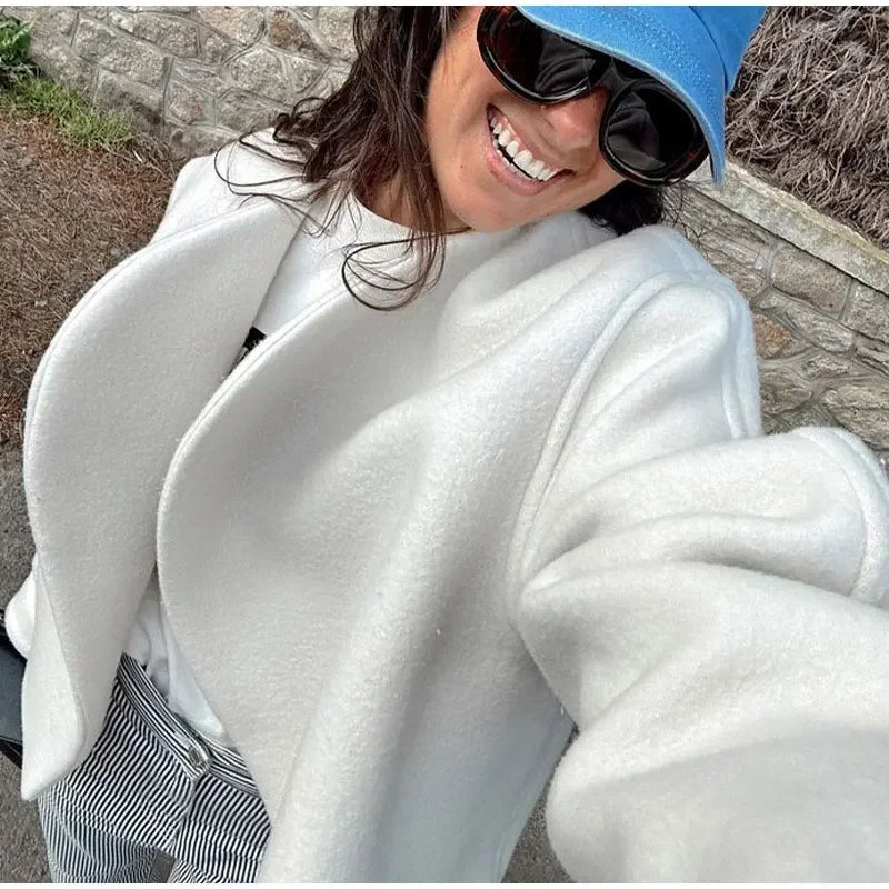 Women's Fashion Solid Thicken Cropped Jacket Top Long Sleeve Warm Autumn Winter Cardigan Female Casual Loose Woolen Streetwear