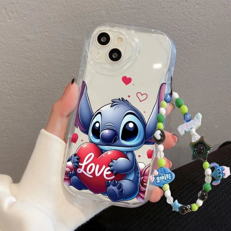 Cartoon Cute Stitch Wrist Strap Lanyard Case For iPhone 16 11 15 12 Pro Max 13 Mini 14 Plus 16e 7 8 Plus XR SE Shockproof Cover