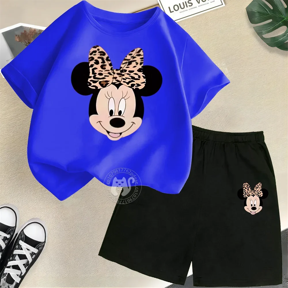 Summer Cartoon Boys & Girls 100% Cotton T-shirt + Shorts Kids Disney Open Minnie Print Fashion Street Boys & Girls Casual Suit