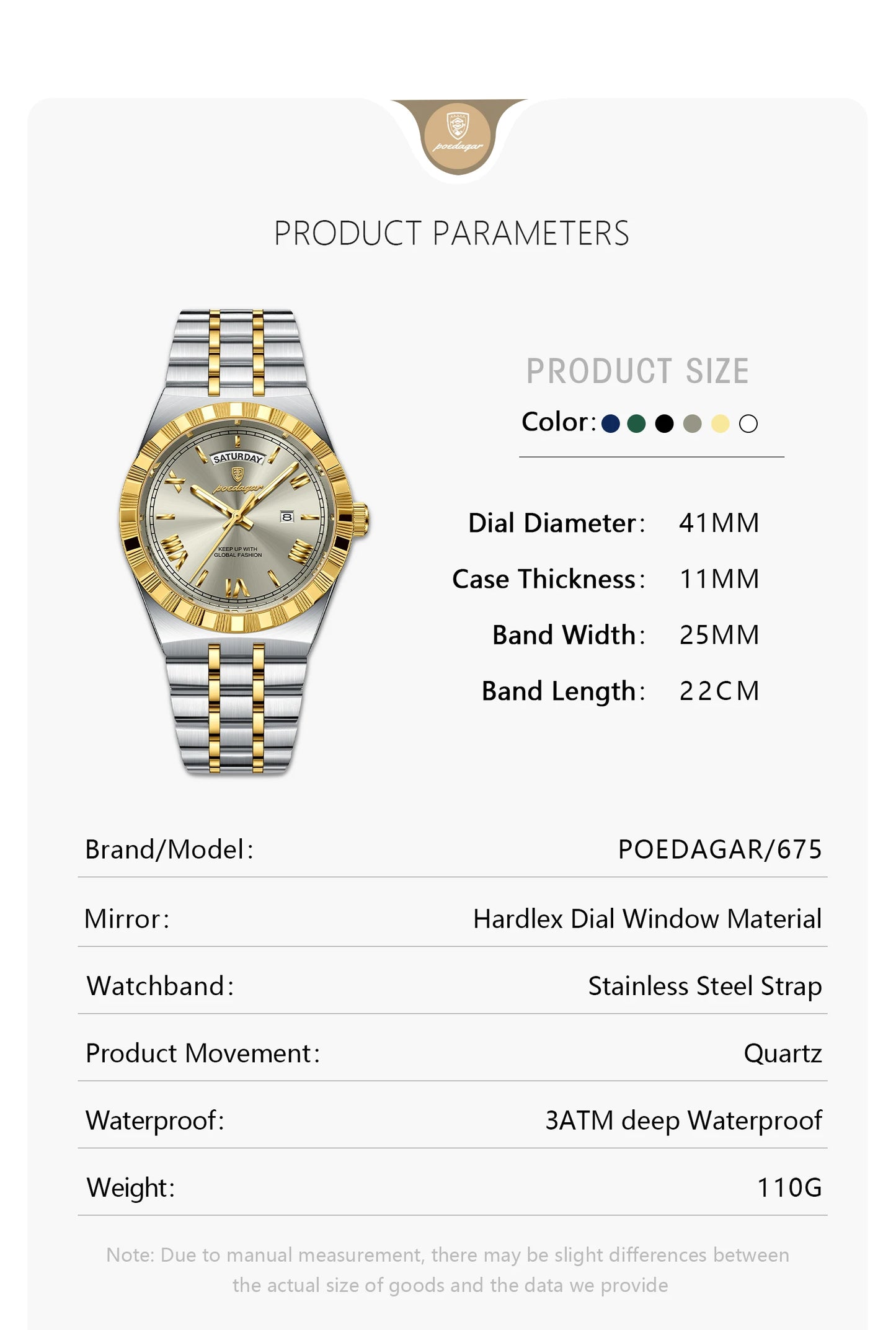 POEDAGAR Original Male Watch Luminous Waterproof Week Date Men Wristwatch Stainless Steel Business Quartz Men's Watches Gift+Box