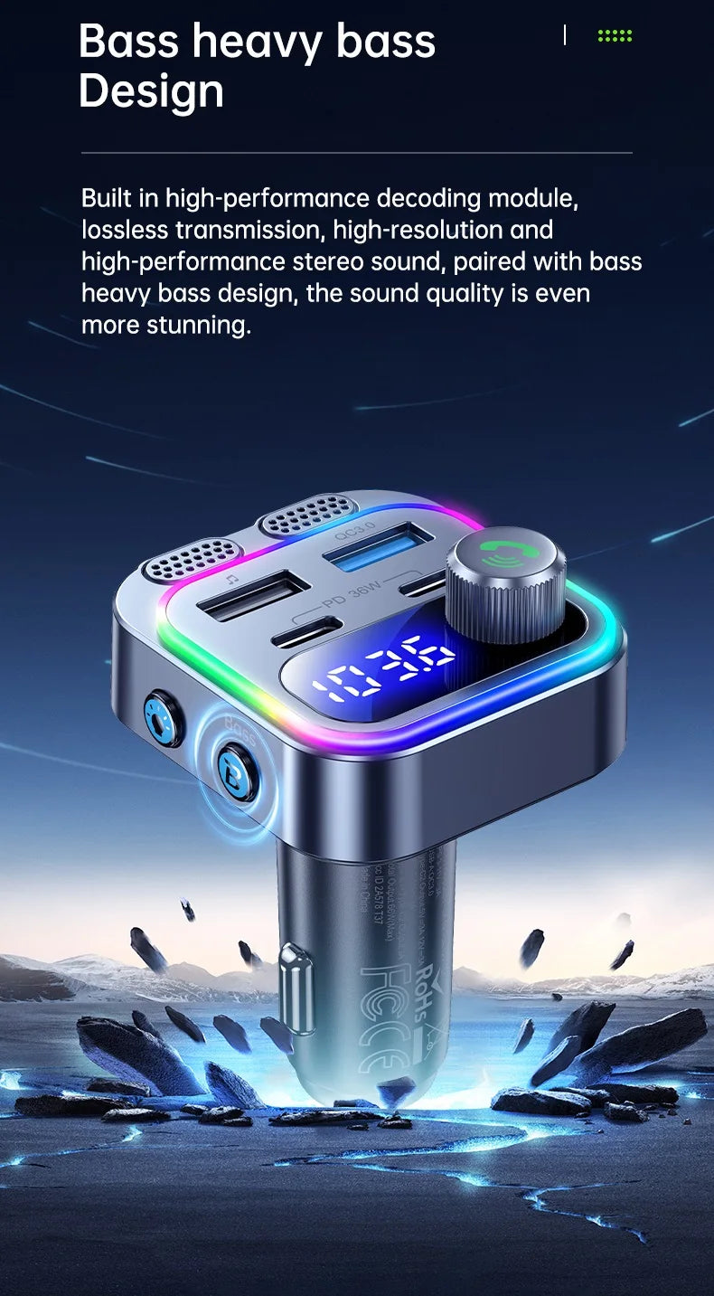 66W Fast Car Charger Bluetooth 5.4 FM Transmitter Wireless Radio Handsfree Calling Dual Mics & Deep Bass Car Charger Dual PD