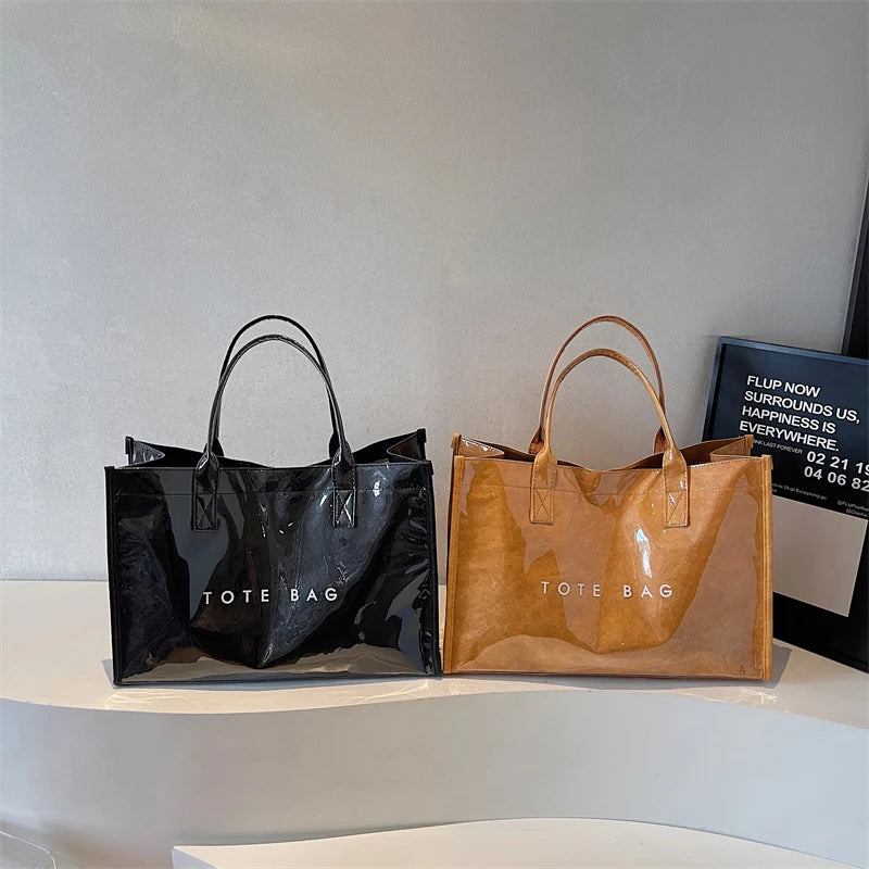 Women's Glossy Leather Tote Bag Letter Print Large Capacity Casual Commuter Shoulder Bag Fashion Daily Shopping Handbag 2026