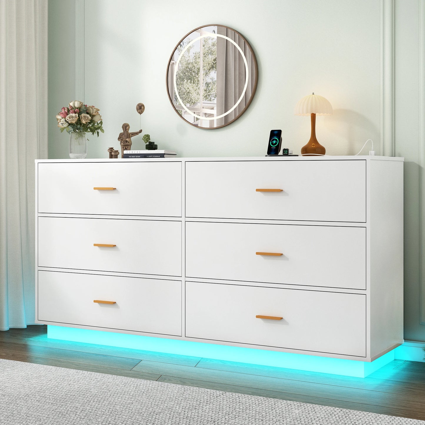 6 Drawers Dresser w/Power Outlet, 59" Long Wooden Dresser Chest, 60000-Colors Lights for Bedroom, Metal Handles of Drawers