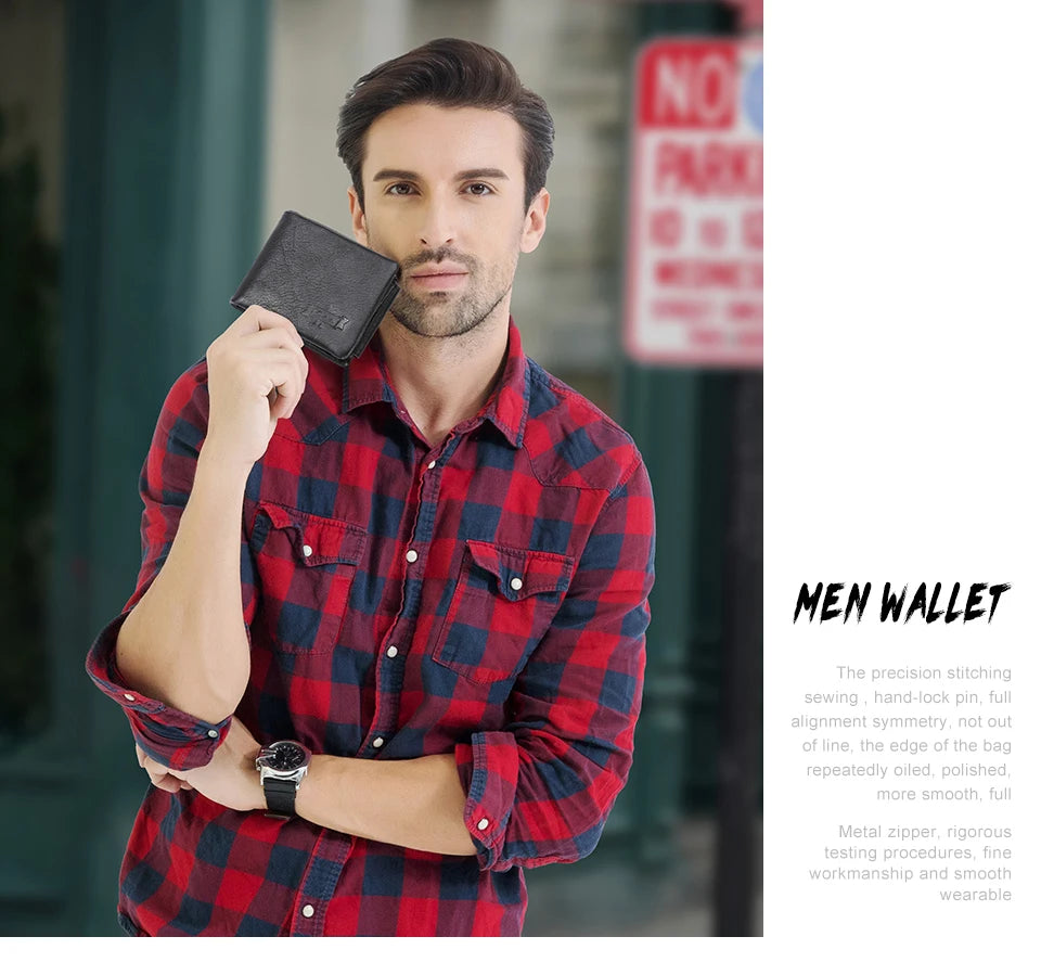 CONTACT'S Genuine Leather Men Wallet Vintage Trifold Hasp Wallet Zipper Coin Purse Card Holder Money Clip Men's Wallets