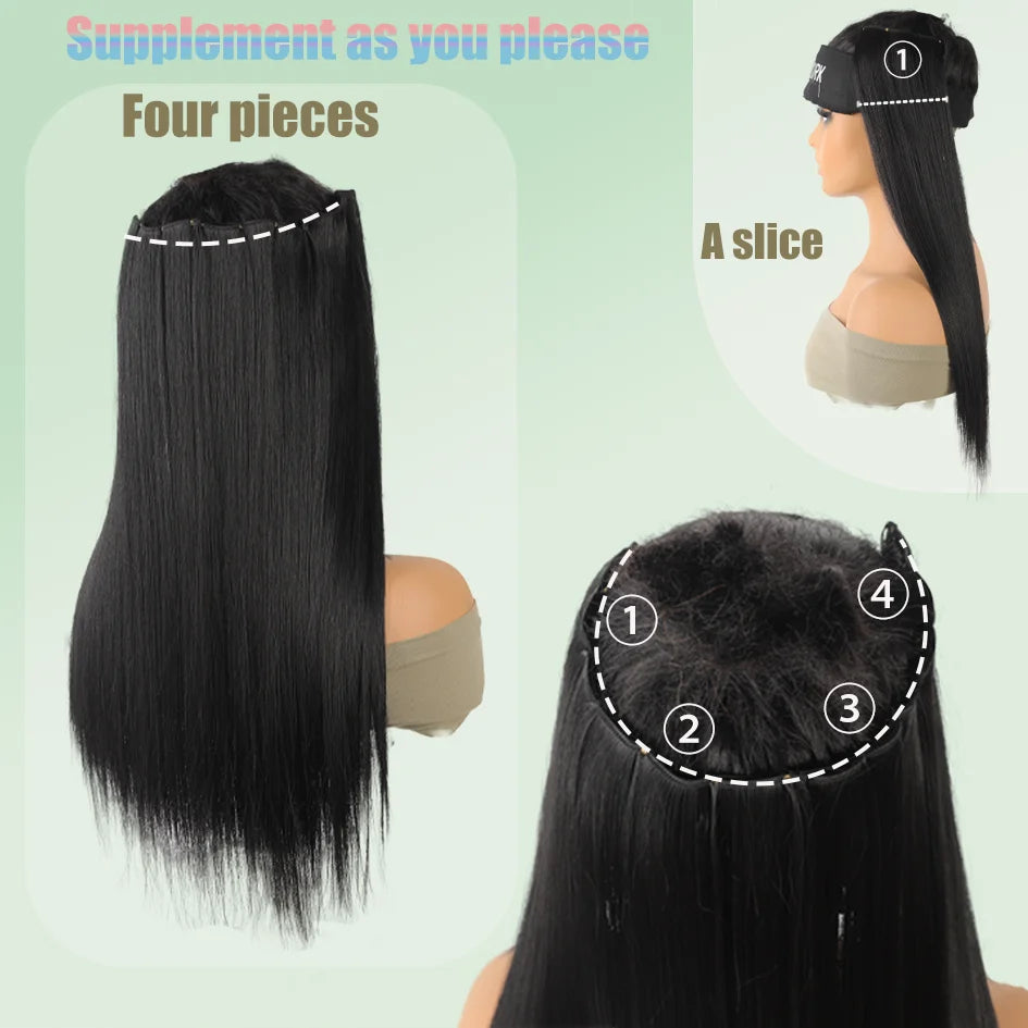 4pc synthetic women's 16inch/20inch/24inch four piece straight hair extensions, black/brown wig, suitable for daily wear