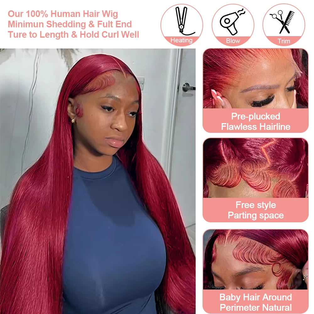 Burgundy Transparent Lace Frontal Human Hair Wig 7x5 Glueless Red 99J Straight Colored 13x4 Lace Front Human Hair Wigs For Women