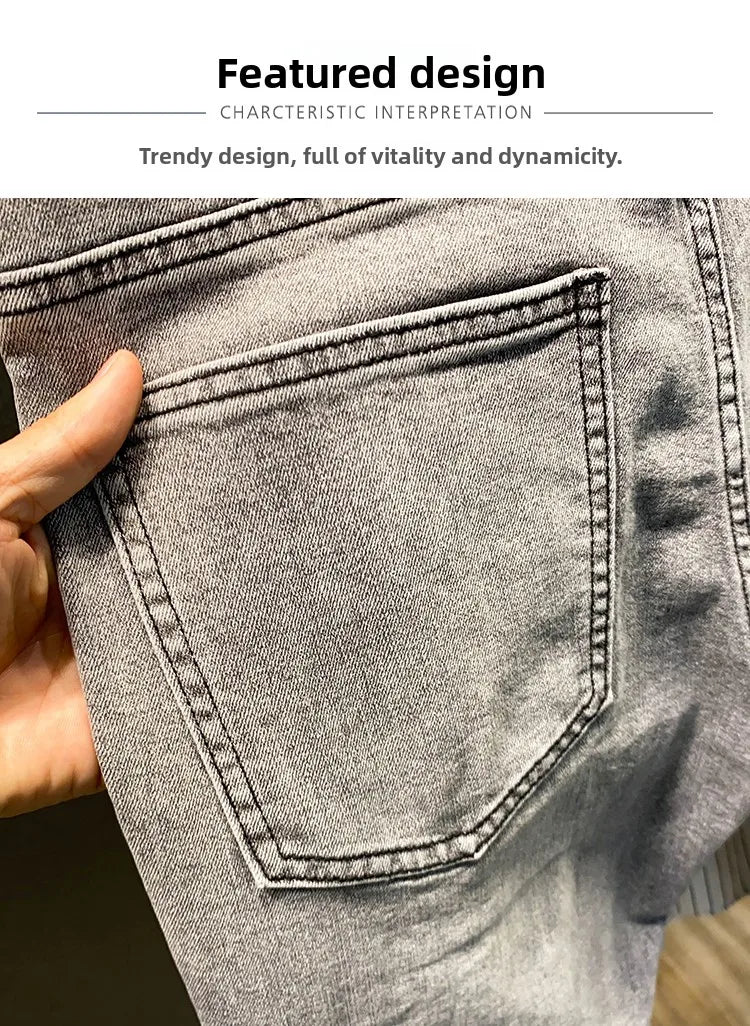 Summer ey e Nine-Ten Men's Jeans Sli Versatile Slim Fit Casual Cotton Stretch Fabric mid Waist Zipper Closure