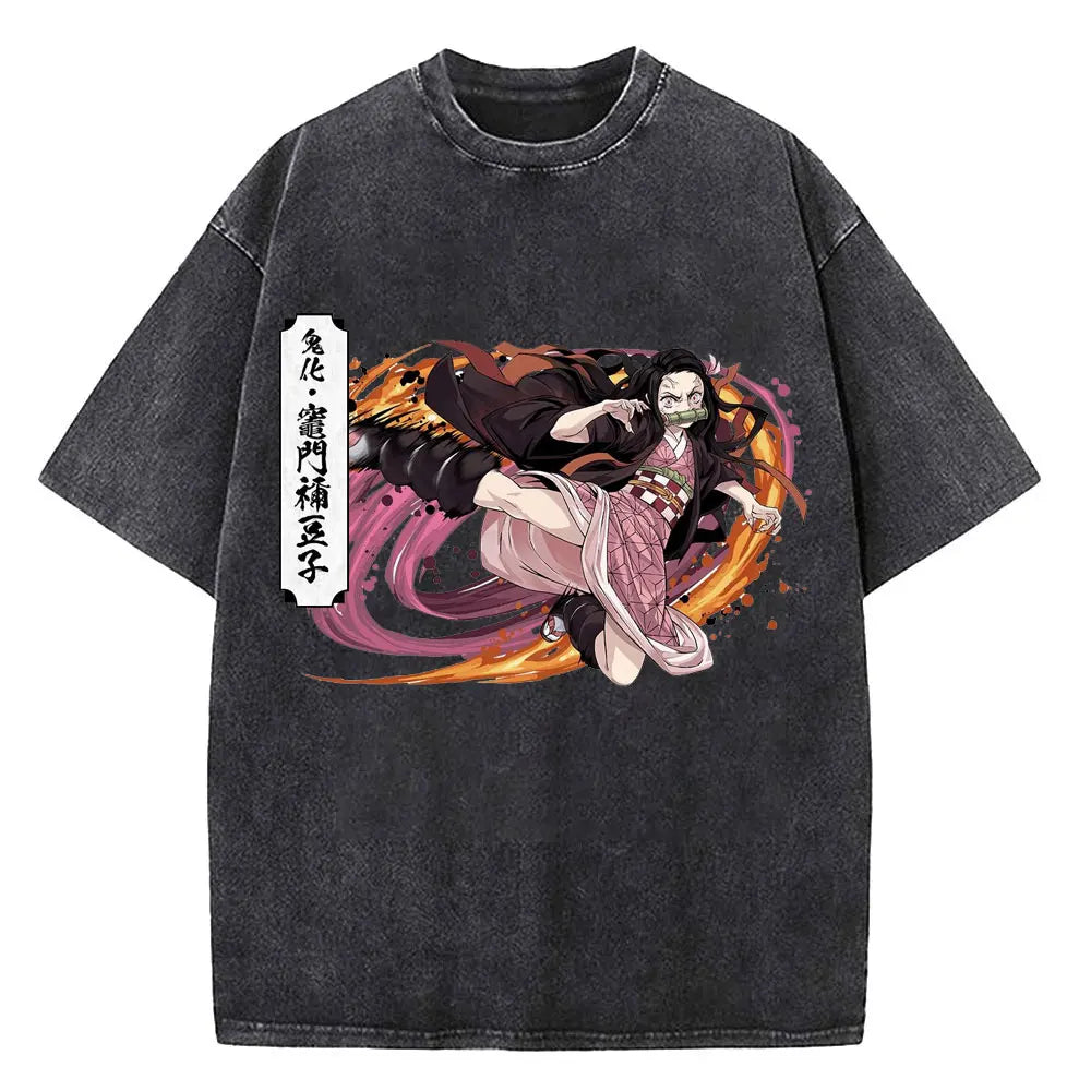 Hot Anime Demon Slayer Kokushibo Graphic T-Shirt Men Women Manga Tshirts Washed Cotton T Shirt Harajuku Unisex Vintage Top Tees