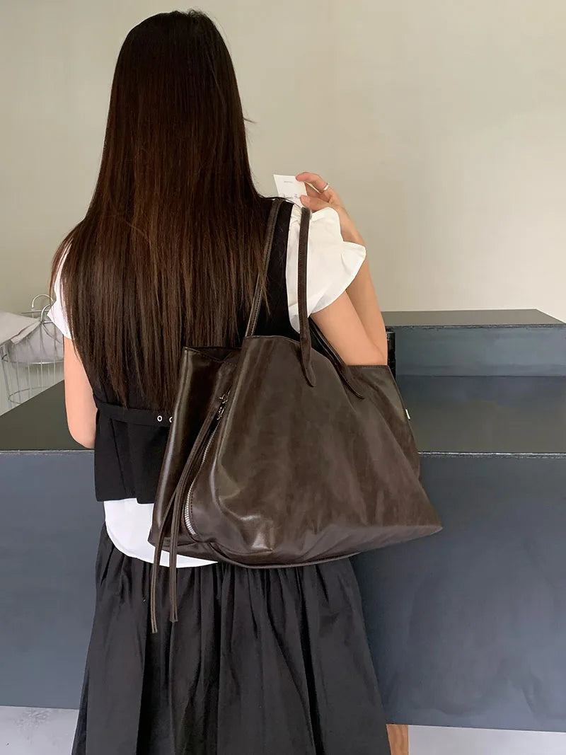 Women's PU Tote Bags Minimalist Large Capacity Multi Compartment Shoulder Bags Elegant Drawstring Commuter Handbags