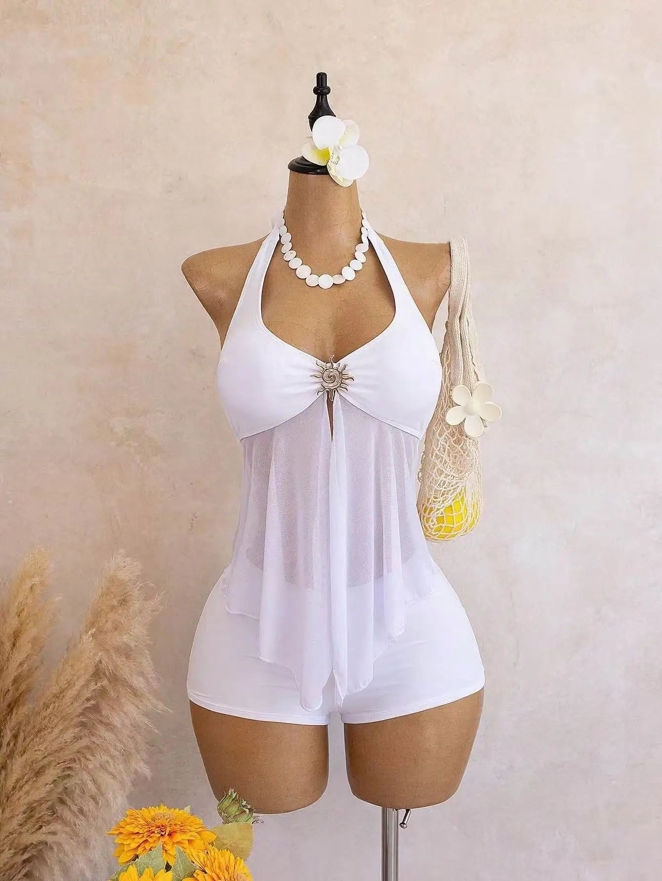 Beige Two Piece Bikini Set 2026 Women Metal Sun Ornament Mesh Tank Top High Waist Swimsuit Holiday Bathing Suit Swimwear