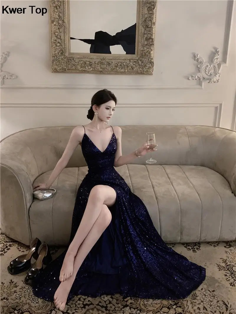 Women's Elegant V-neck Sequin Graduation Dresses Sexy Backless Split Bandage Runway Robe Summer Luxury Formal Occasion Clothes
