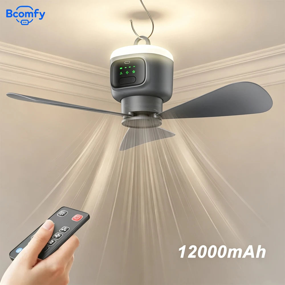 Ceiling Fan 12000mAh Portable Wireless Camping Tent Ceiling Fan 3 Speed Air Cooler LED Light Remote Control Hanging Fan