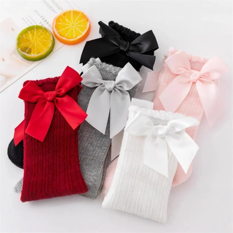 3Pairs/set Baby Girls Big Bow Knee High Socks Spring Autumn Children Non-slip Floor Sock Infant Toddler Princess Stockings 0-3Y