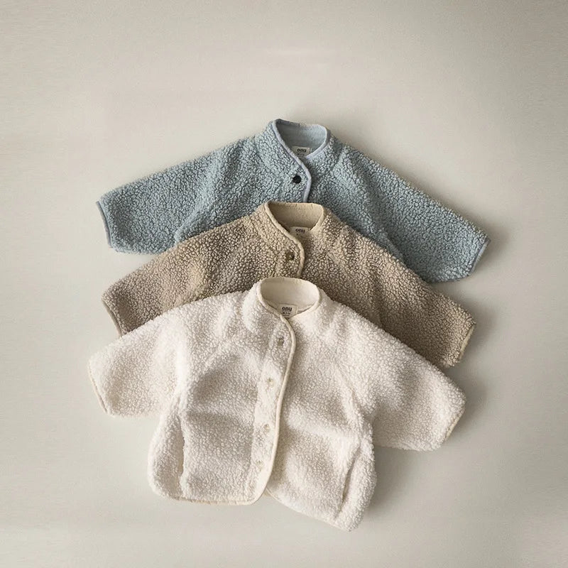 Spring Autumn Baby Kids Sherpa Fleece Jacket, Solid Color Loose Fit Warm Outerwear for Boys Girls Toddler 73-100