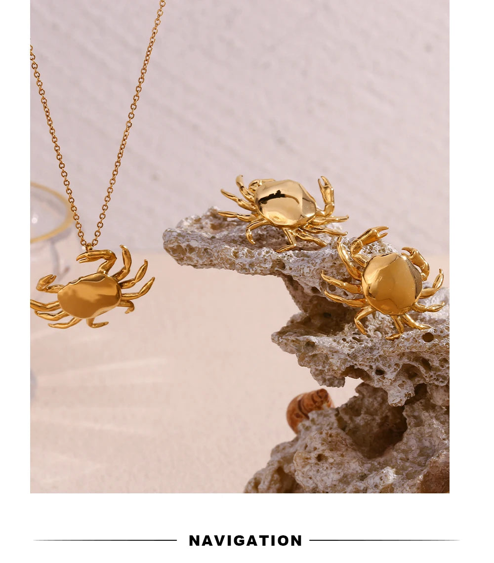 MamacitaSlay 2025 New Design Stainless Steel Crab Pendant Necklace Earrings 2PCS Holiday Party Waterproof Jewelry Set Women
