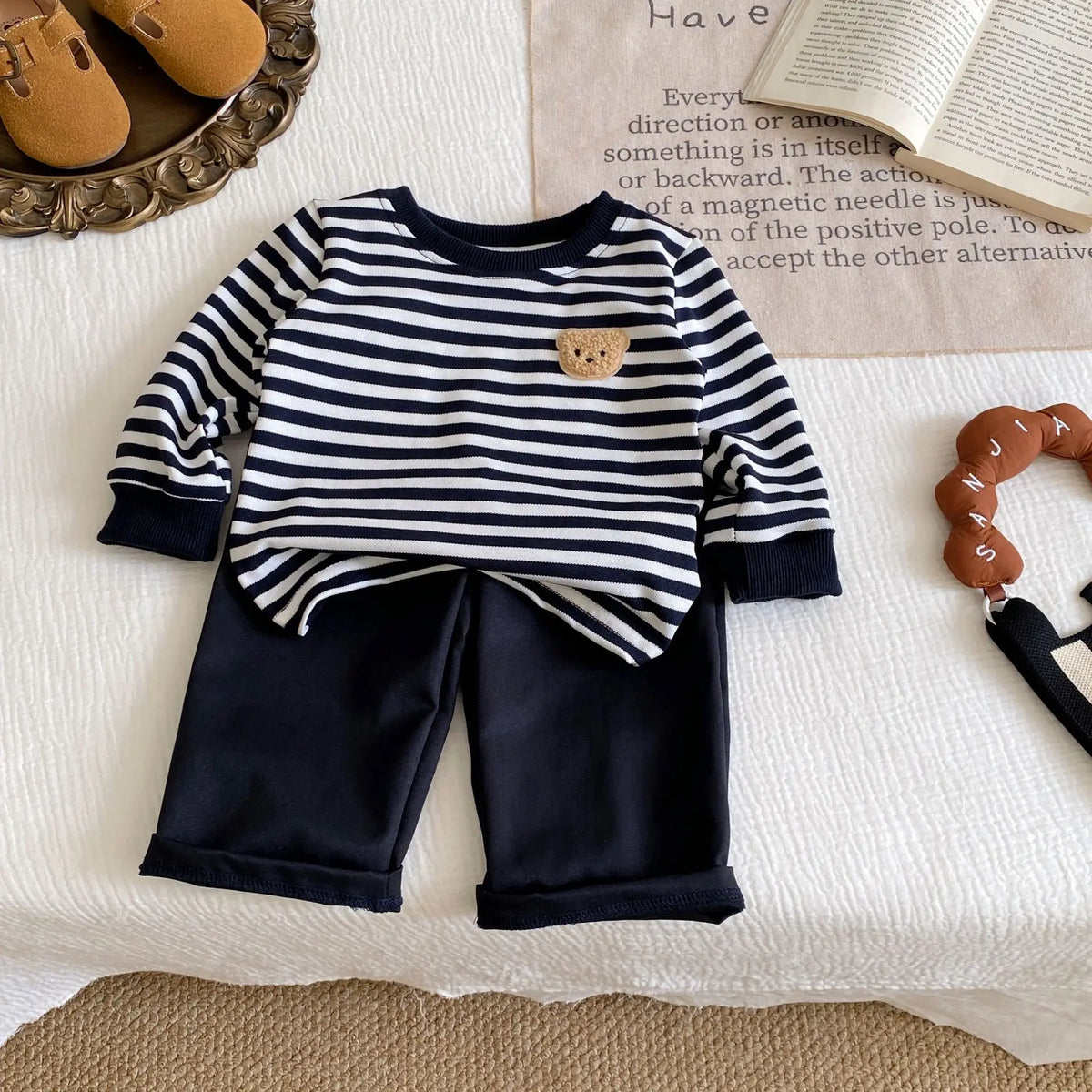 2025 Autumn New Baby Loose Striped Clothes Set Infant Boy Cute Bear Tops + Pants 2pcs Suit Long Sleeve Toddler Outfits
