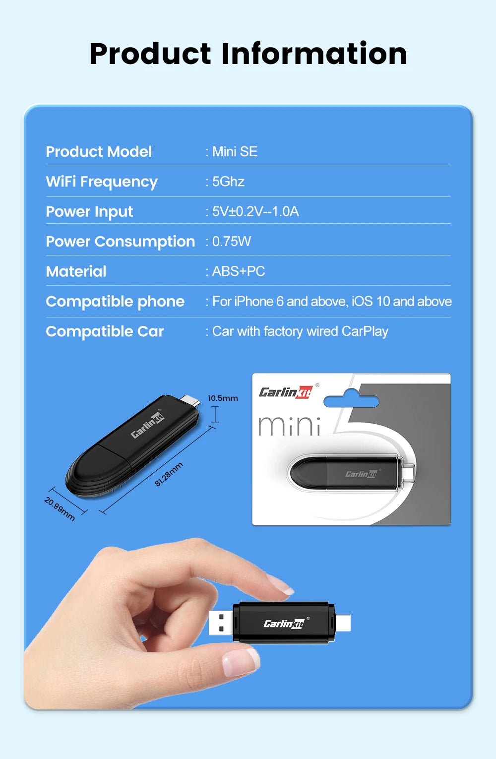 CarlinKit Mini 5 CarPlay Wireless USB Dongle Plug &Play Split Screen Wired To Wireless Adapter For Benz Kia Volvo Mazda MG Ford
