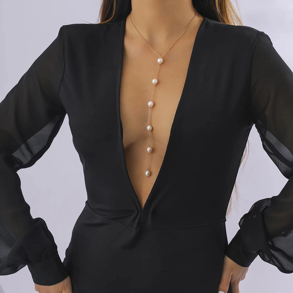 IngeSight.Z Simple Long Imitation Pearls Back Necklace For Women Sexy Tassel Pearl Harness Bikini Chest Chain Body Jewelry Mujer