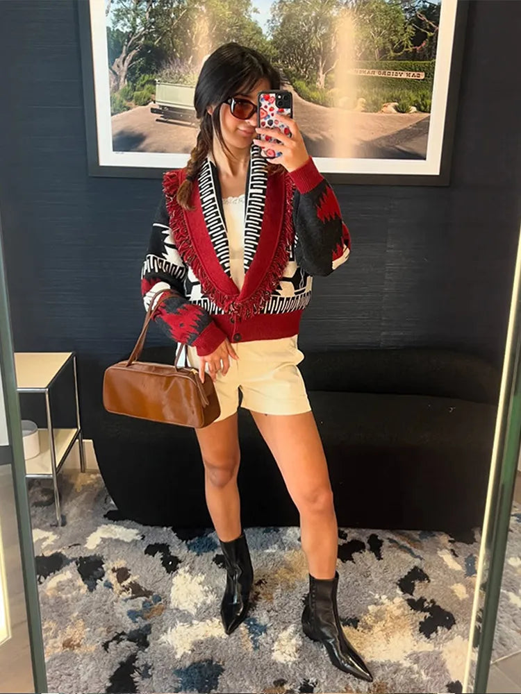 Women's Print Fringe Knitted Vest Coat Fashion Sleeveless Tie Waist Pocket Cardigan Sweater Lady 2025 Autumn Casual Outerwear
