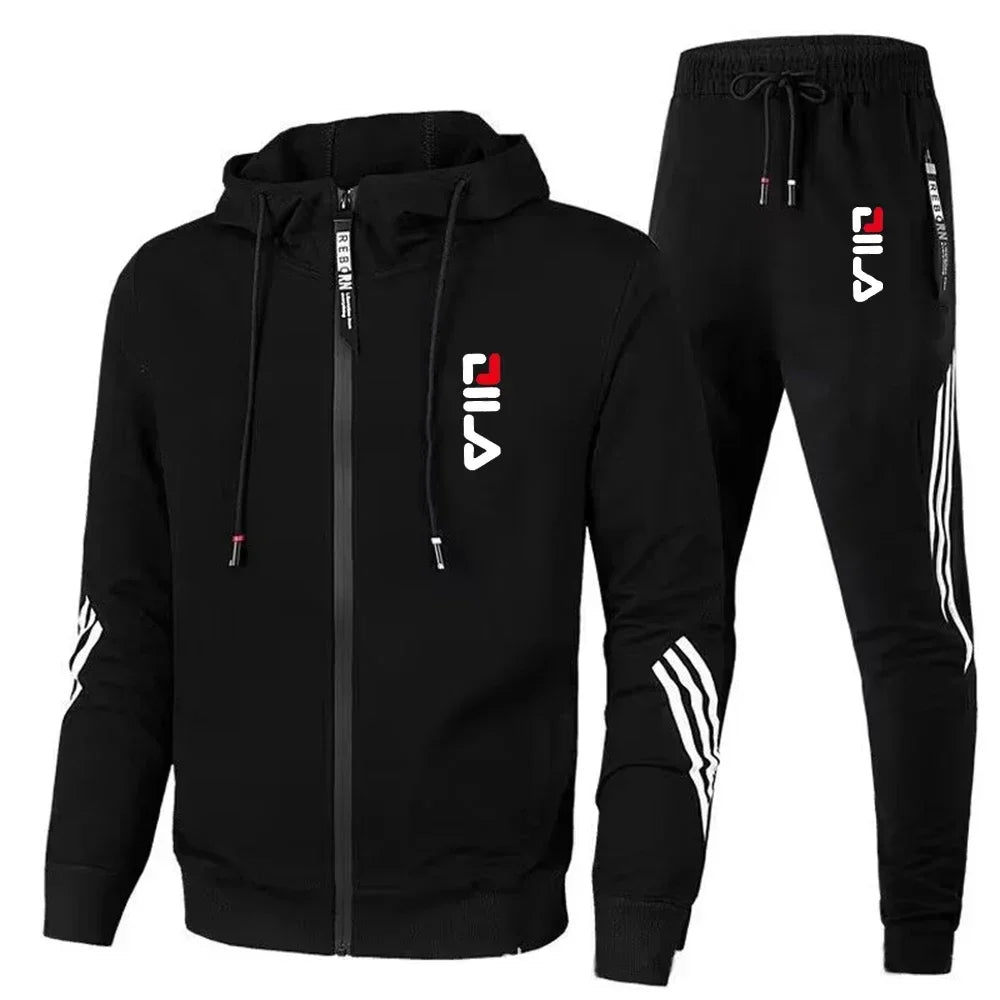 Spring and Autumn Fashion Men's fitness and sports set, featuring a hooded casual jacket and jogging pants in two pieces