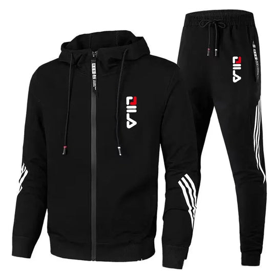 Spring and Autumn Fashion Men's fitness and sports set, featuring a hooded casual jacket and jogging pants in two pieces