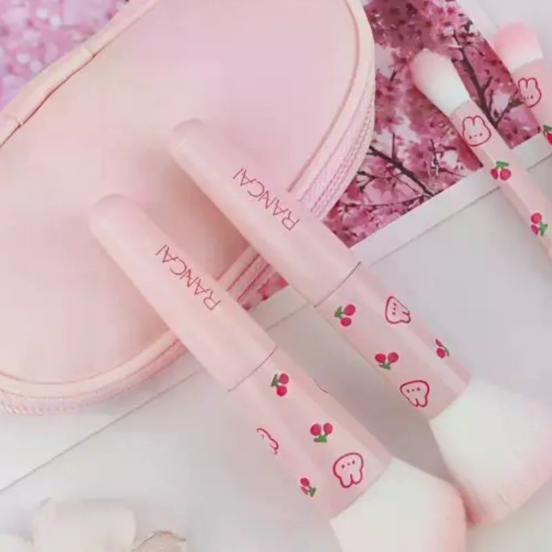 5pcs Cute Compact Makeup Brush Set With Case Premium Brush For Flawless Foundation Blush Eyeshadow Application Beauty Tools