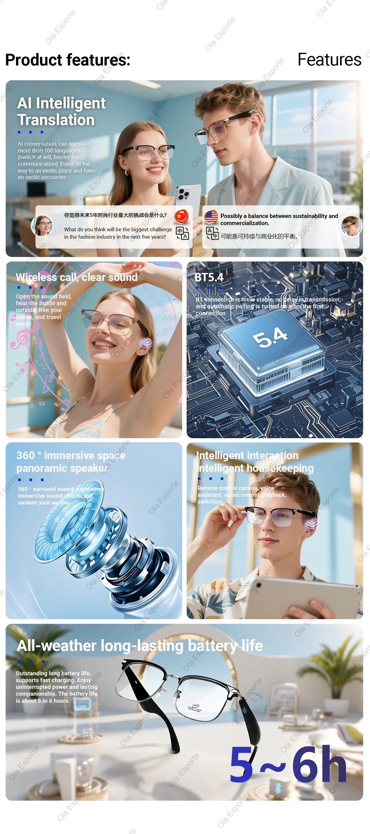 Smart Glasses AI Intelligent Translation Bluetooth Glasses Real-time Simultaneous Interpretation Headset Anti Blue Light 2025