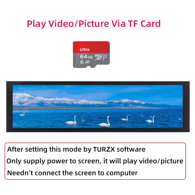 TURZX 8.8 Inch USB Secondary Screen Type-C Desktop Extended Display TF Card Play 1920*480 IPS LCD CPU RAM GPU Monitor NO AIDA64