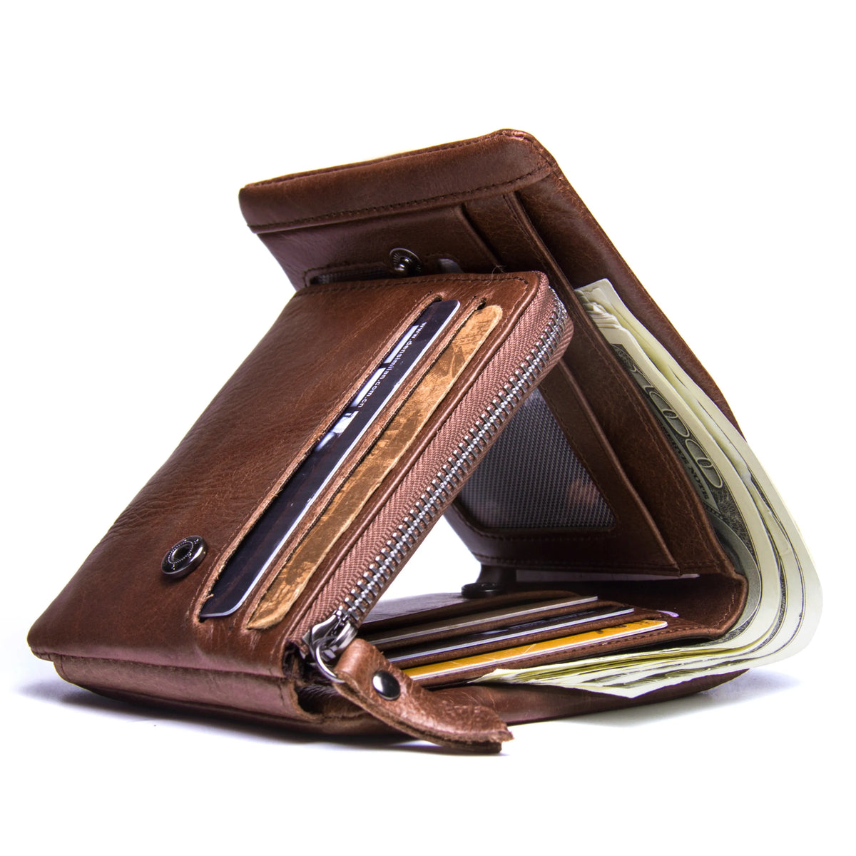 CONTACT'S Genuine Leather Men Wallet Vintage Trifold Hasp Wallet Zipper Coin Purse Card Holder Money Clip Men's Wallets